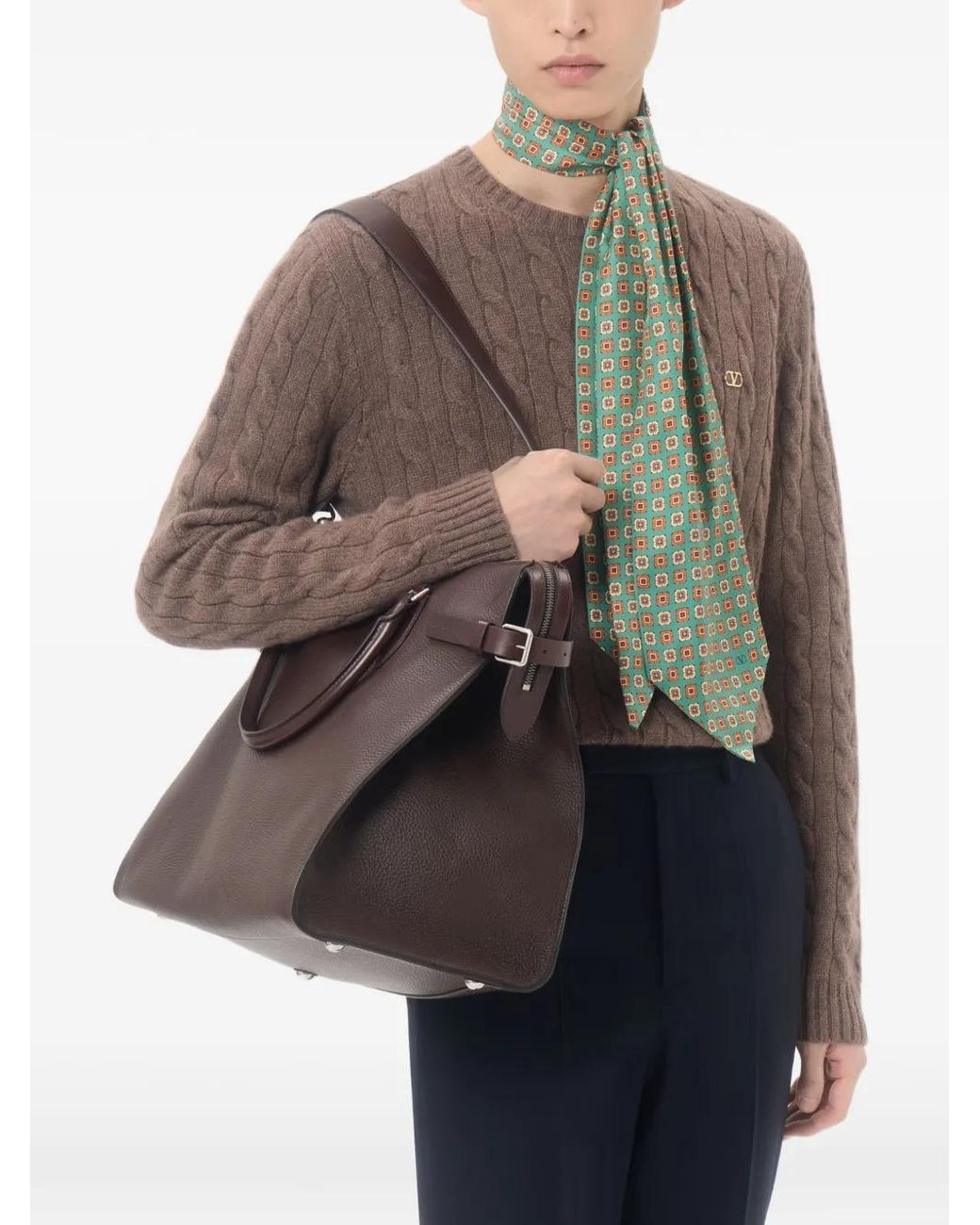 Valentino Garavani Brown Cashmere Cable-Knit Vlogo Sweater for men