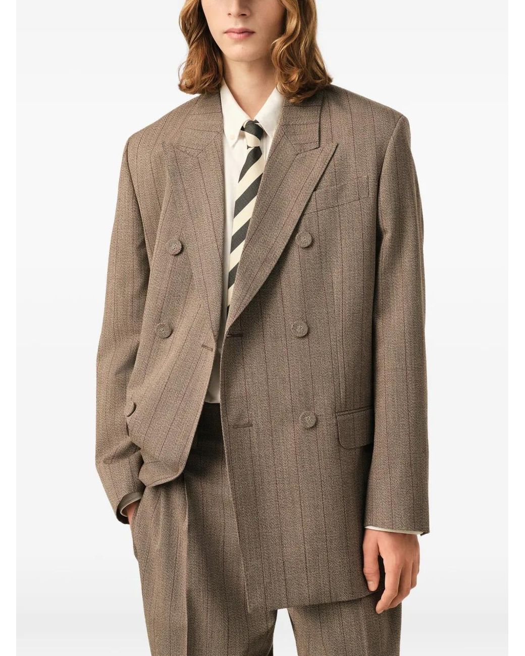 AMI Brown Double Breasted Striped Wool Blazer for men