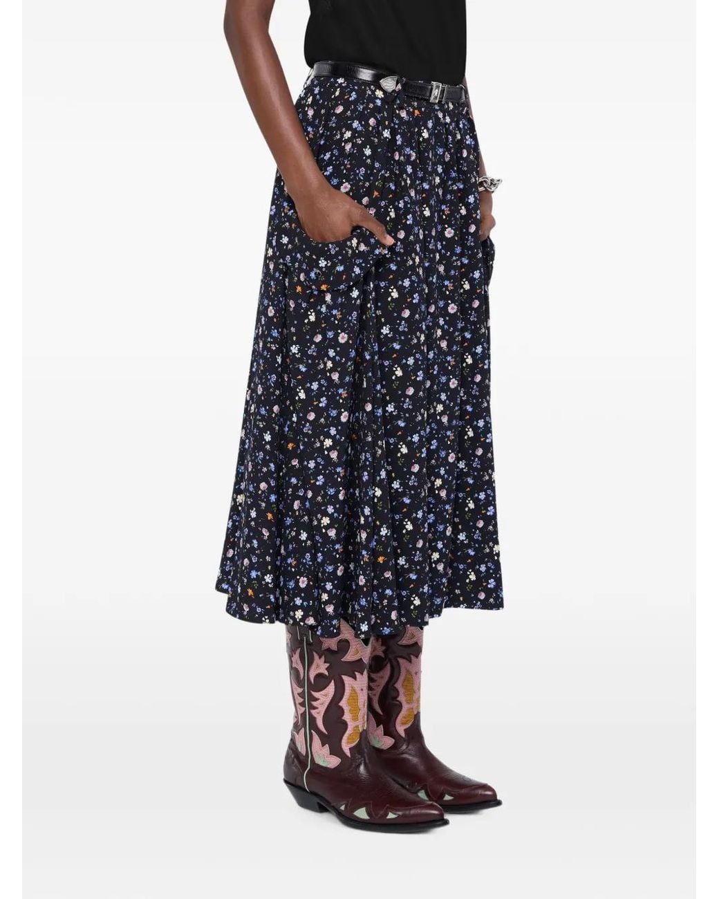 Rabanne Black Printed Crepe Midi Skirt With Signature Front Pockets