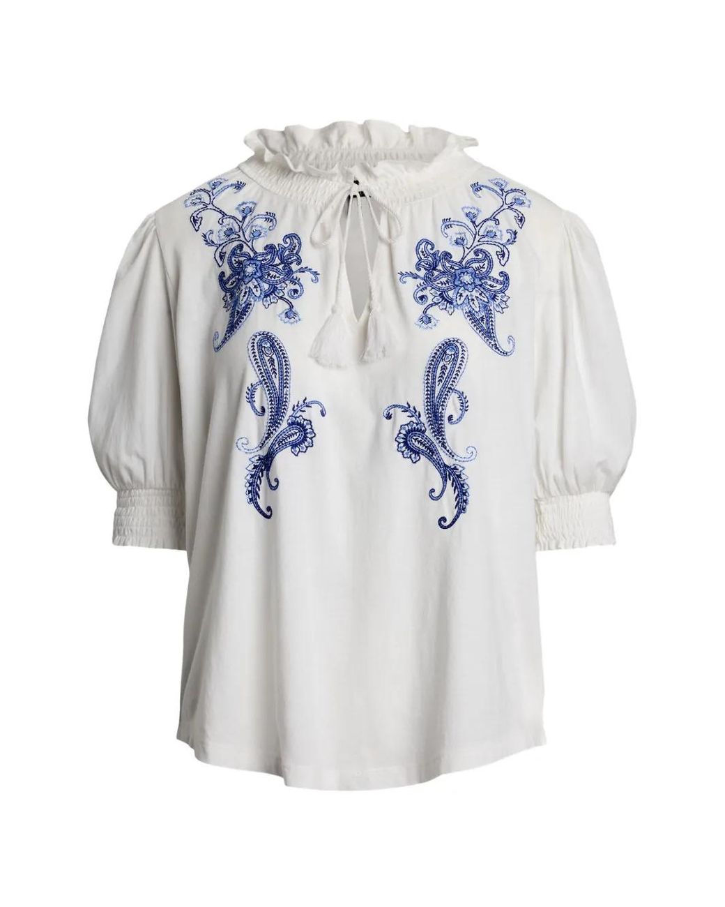 Ralph Lauren White Embroidered Tassel-Detail Top