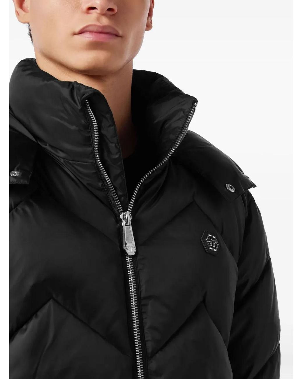 Philipp Plein Black Nylon Short Puffer Jacket Zigzag for men
