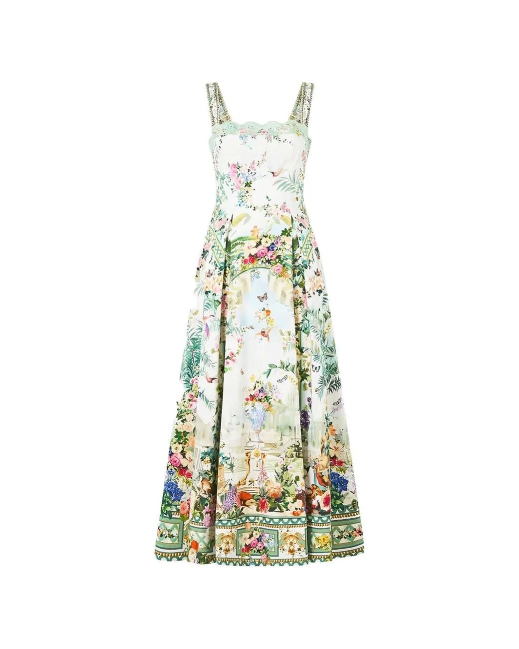 Camilla White Floral-Print Pleated Midi Dress