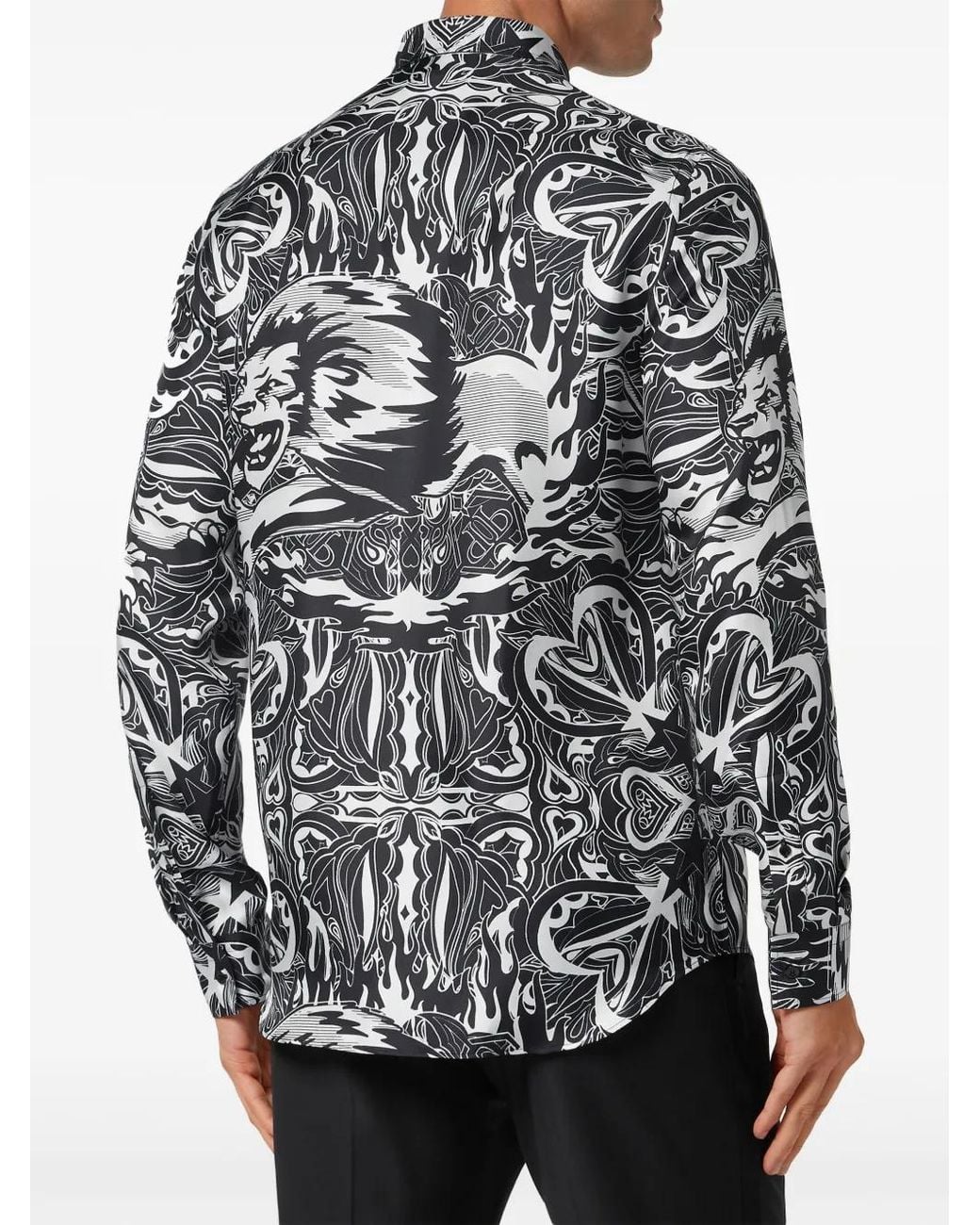 Philipp Plein Gray Dandy Lion Circus Silk Shirt for men