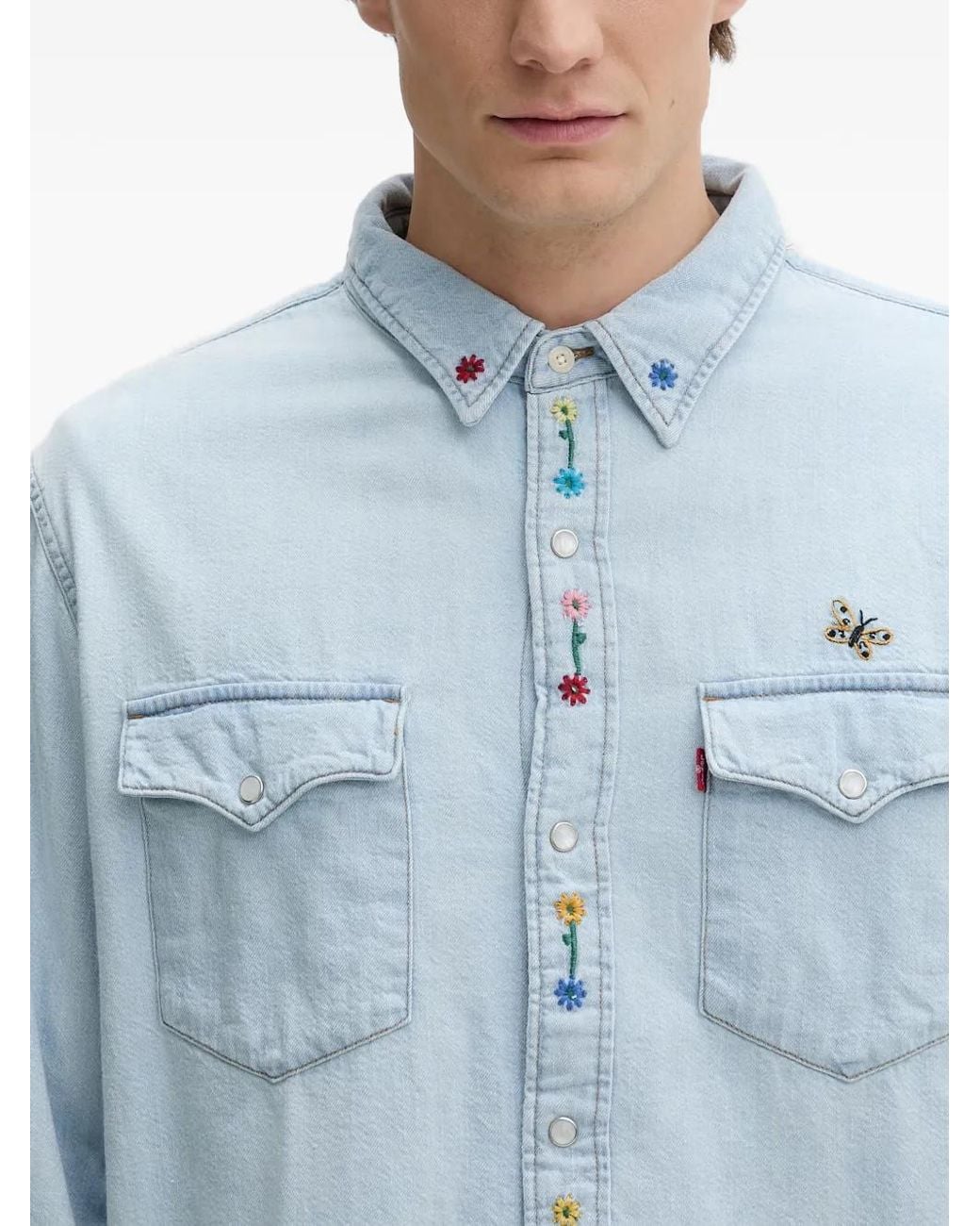 Levi's Blue Floral-Embroidered Denim Shirt for men