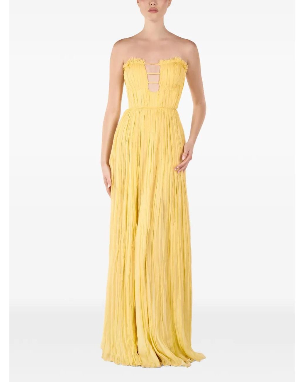 ANDREEA VENECIUC Yellow Strapless Pleated Maxi Dress