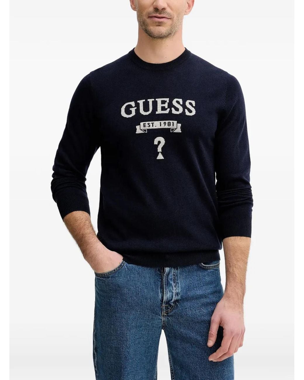 Guess Blue Logo Crew-Neck Knitwear for men