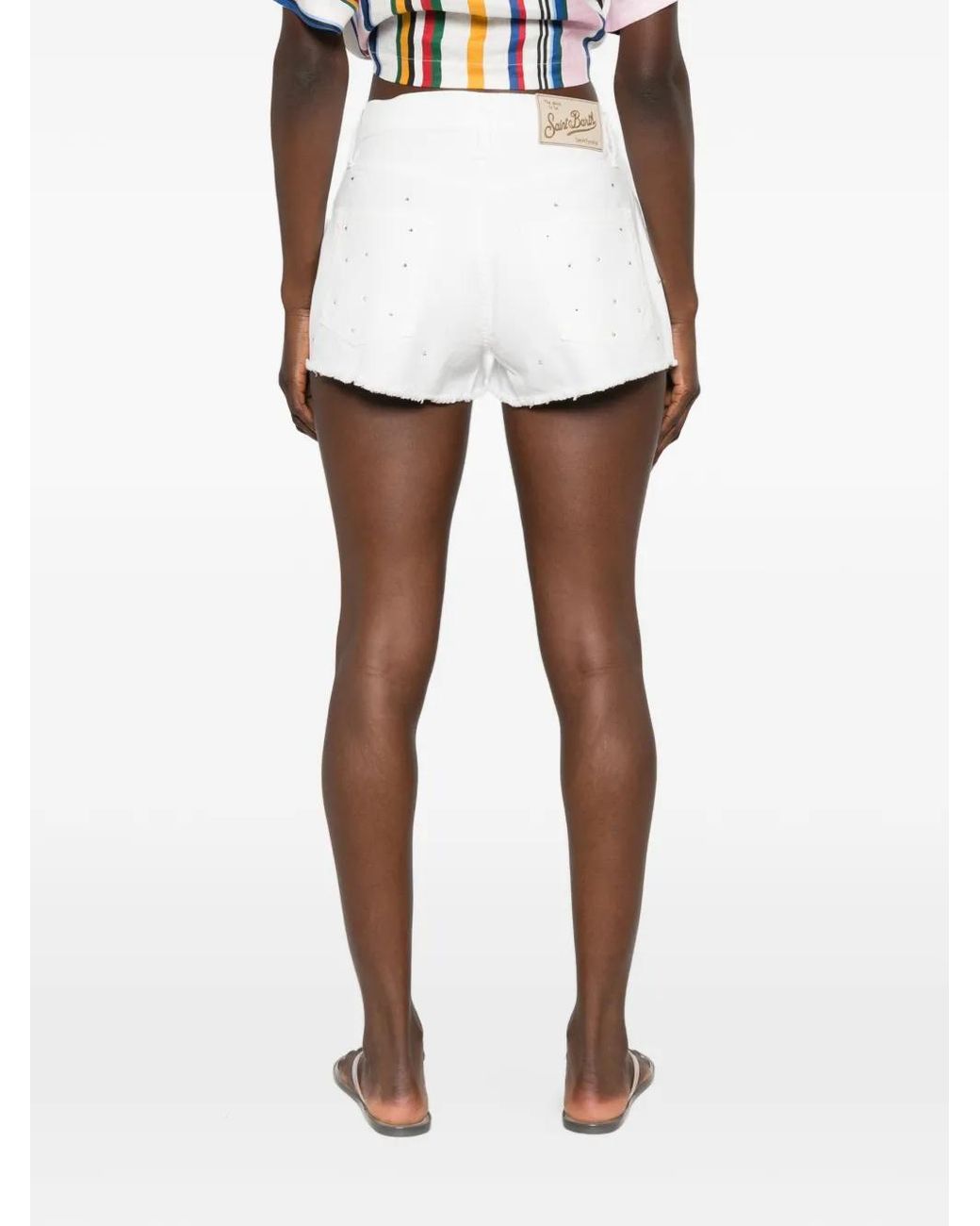 Mc2 Saint Barth White Musa Denim Shorts With Rhinestone Embellishment