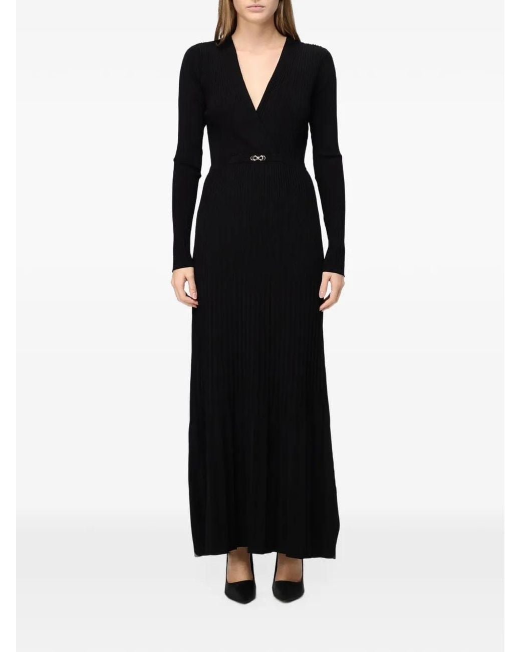 Twinset Black Pleated-Knit V-Neck Maxi Dress