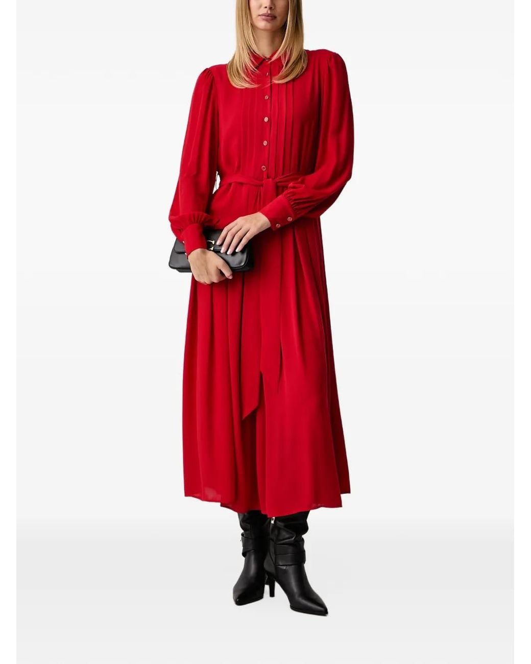 Fracomina Red Pleated-Detail Belted Maxi Dress