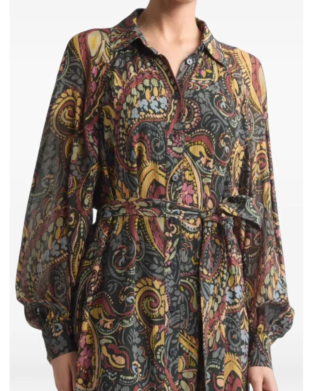 Etro Black Paisley-Print Belted Midi Shirt Dress
