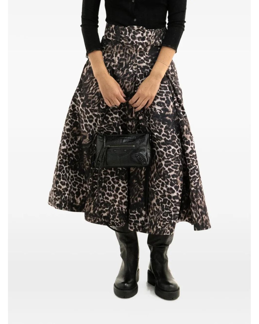 Samantha Sung Black Leopard-Print Belted Midi Skirt