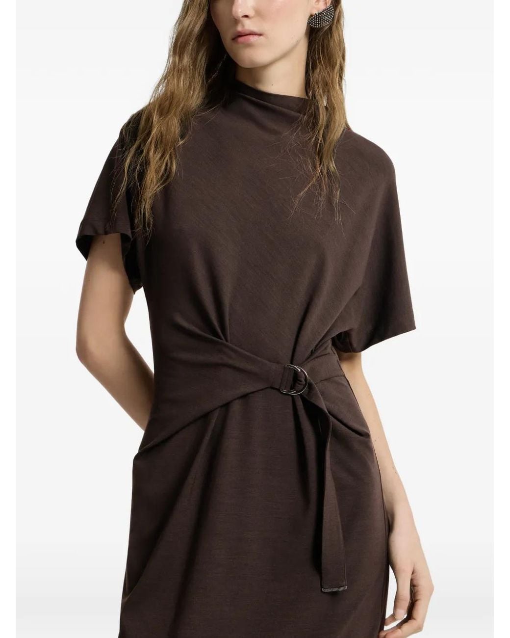 Brunello Cucinelli Brown Techno Wool Jersey Wrap Belt Dress With Monili