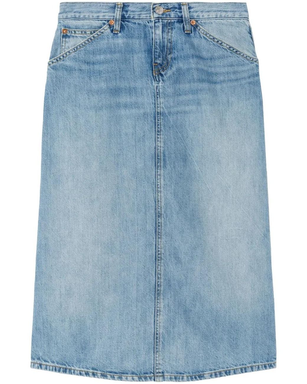 Re/done Blue Low Rider Midi Denim Skirt
