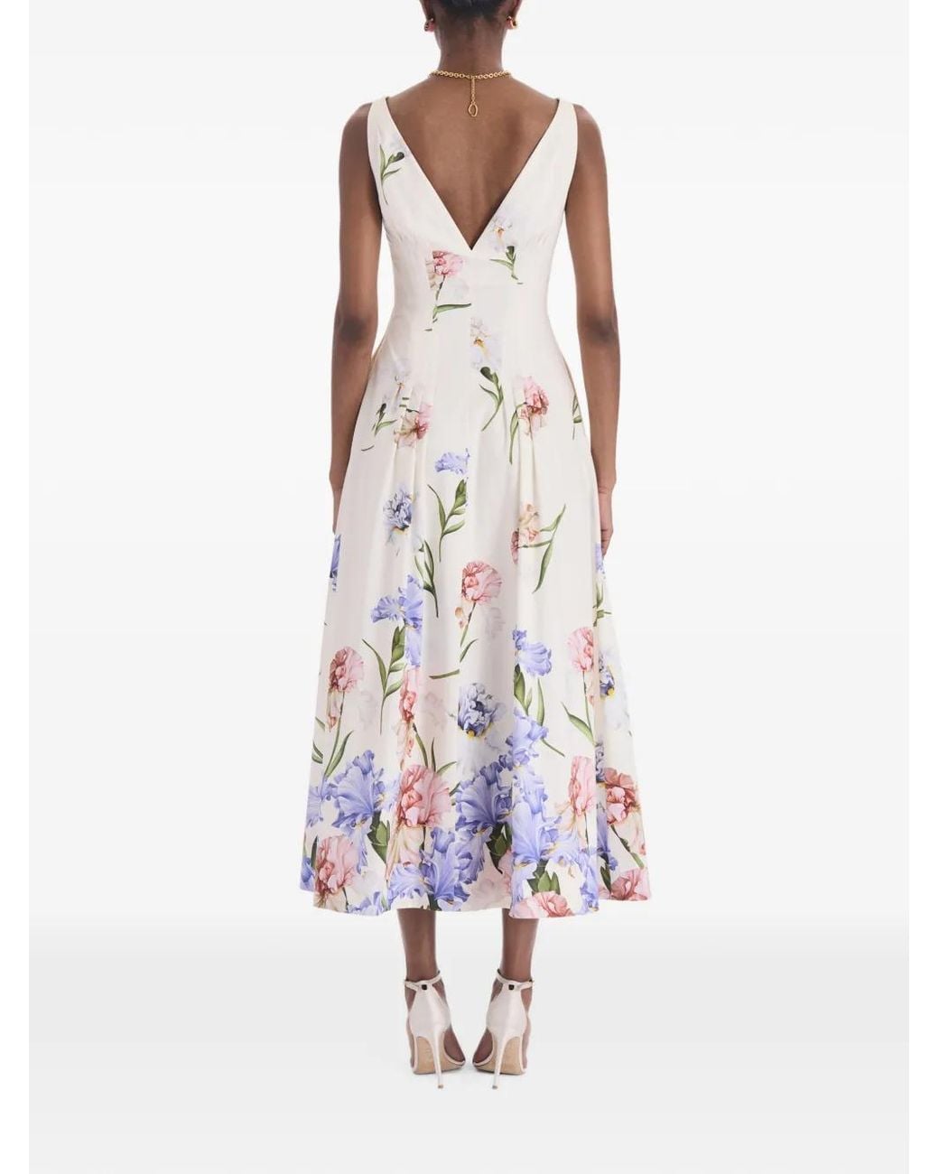 Oscar de la Renta White Sleeveless V Neck Large Iris Degrade Poplin Dress