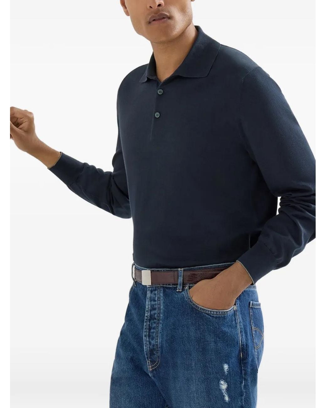 Brunello Cucinelli Blue Cotton Lightweight Knit Polo Shirt for men