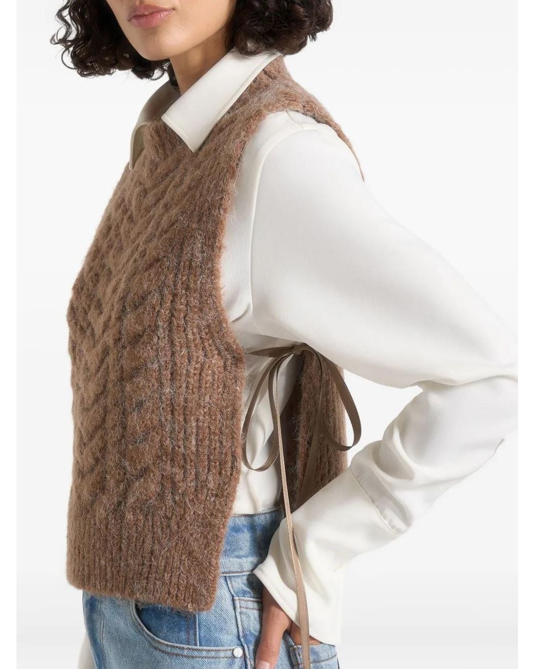 Manière De Voir Blue Danya Cable-Knit Tie-Fastening Taupe Vest