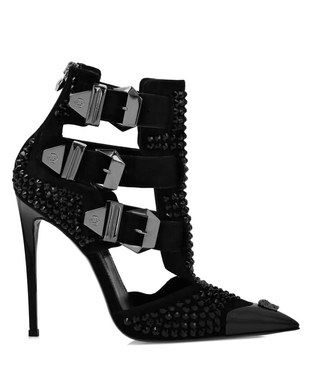 Philipp Plein Black Rhinestone Skull Embellished Suede Pumps