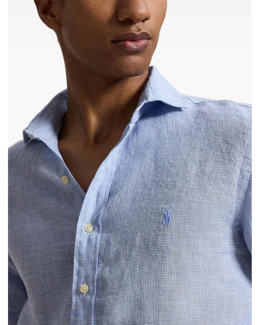 Polo Ralph Lauren Blue Houndstooth-Pattern Embroidered Pony Shirt for men