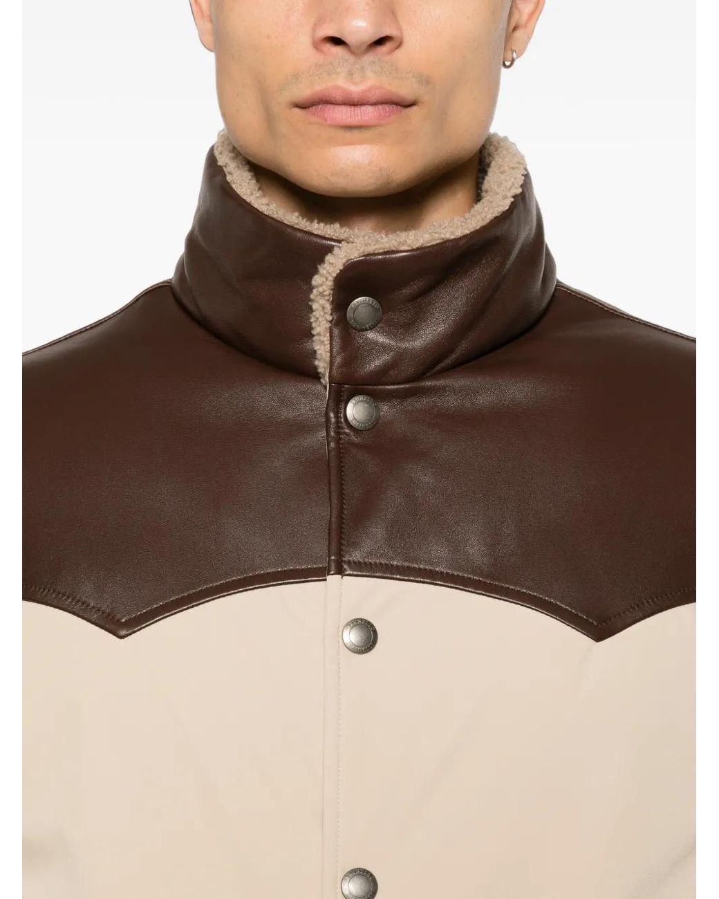 Brunello Cucinelli Natural Shearling-Trim Leather-Yoke Jacket for men