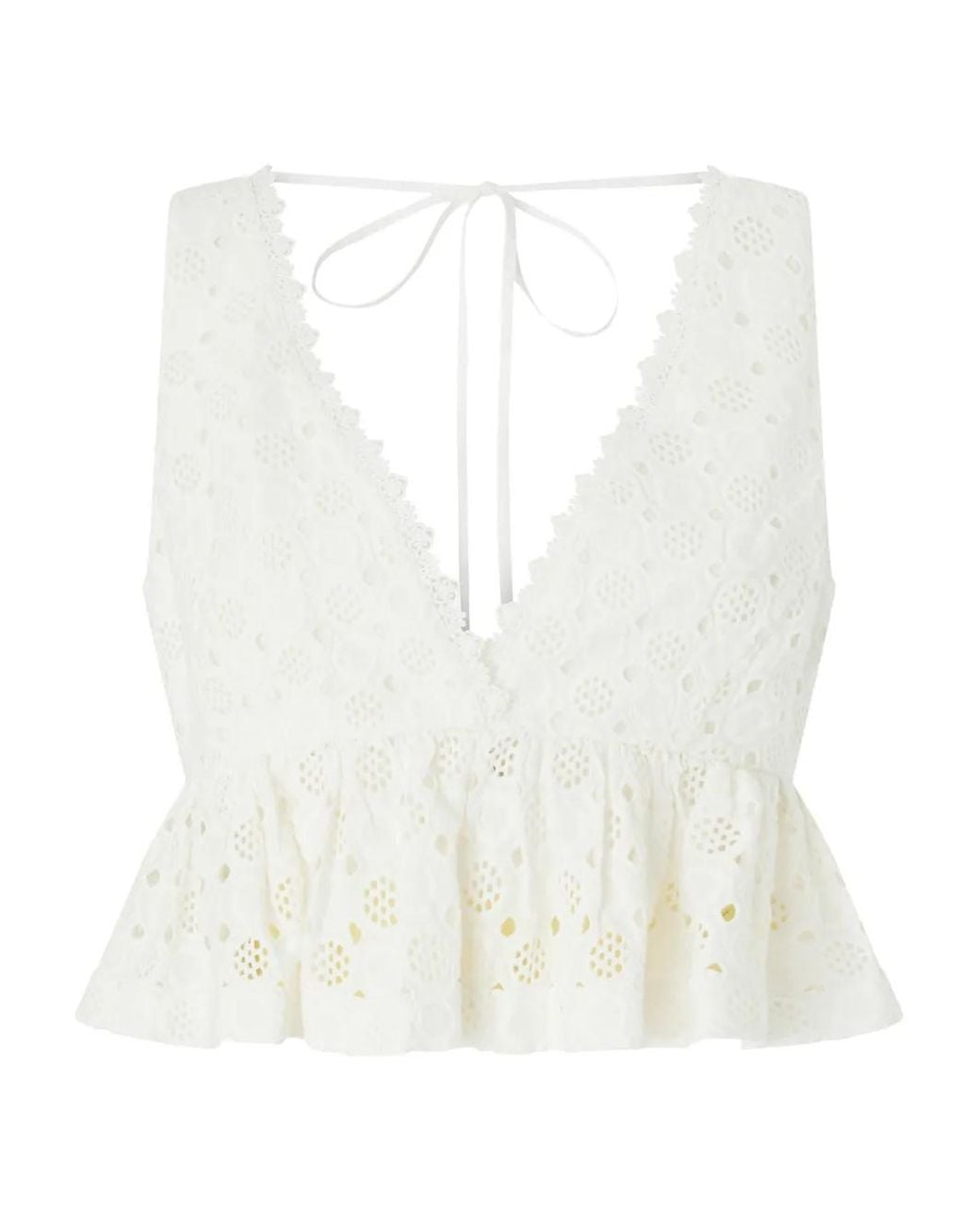 Pinko White Crop Top With Ruffle And Openwork Pattern