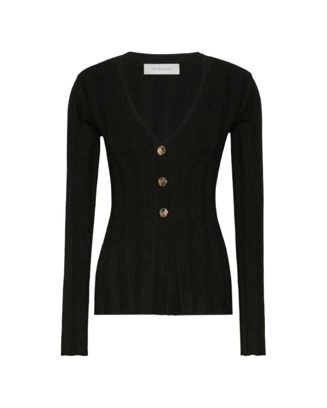 Sportmax Black Laser Ribbed-Knit V-Neck Cardigan