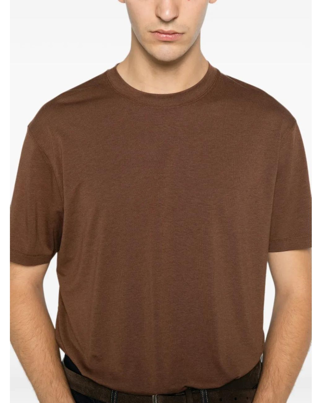 Tom Ford Brown Chocolate Lyocell And Cotton Jersey Crewneck T-Shirt With Logo Embroidery for men