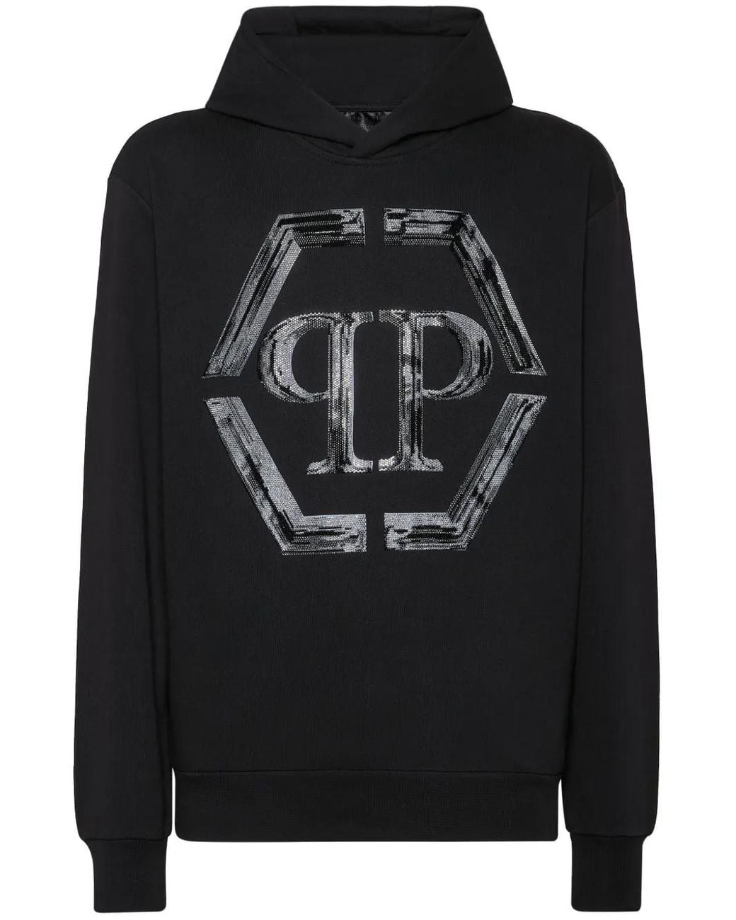 Philipp Plein Black Strass Hexagon Hoodie for men
