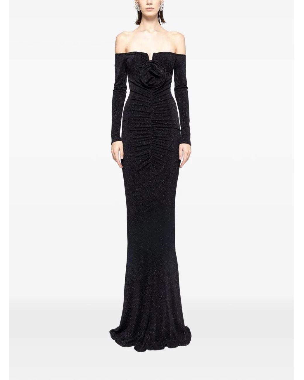 Nissa Black Floral-Detail Ruched Maxi Dress