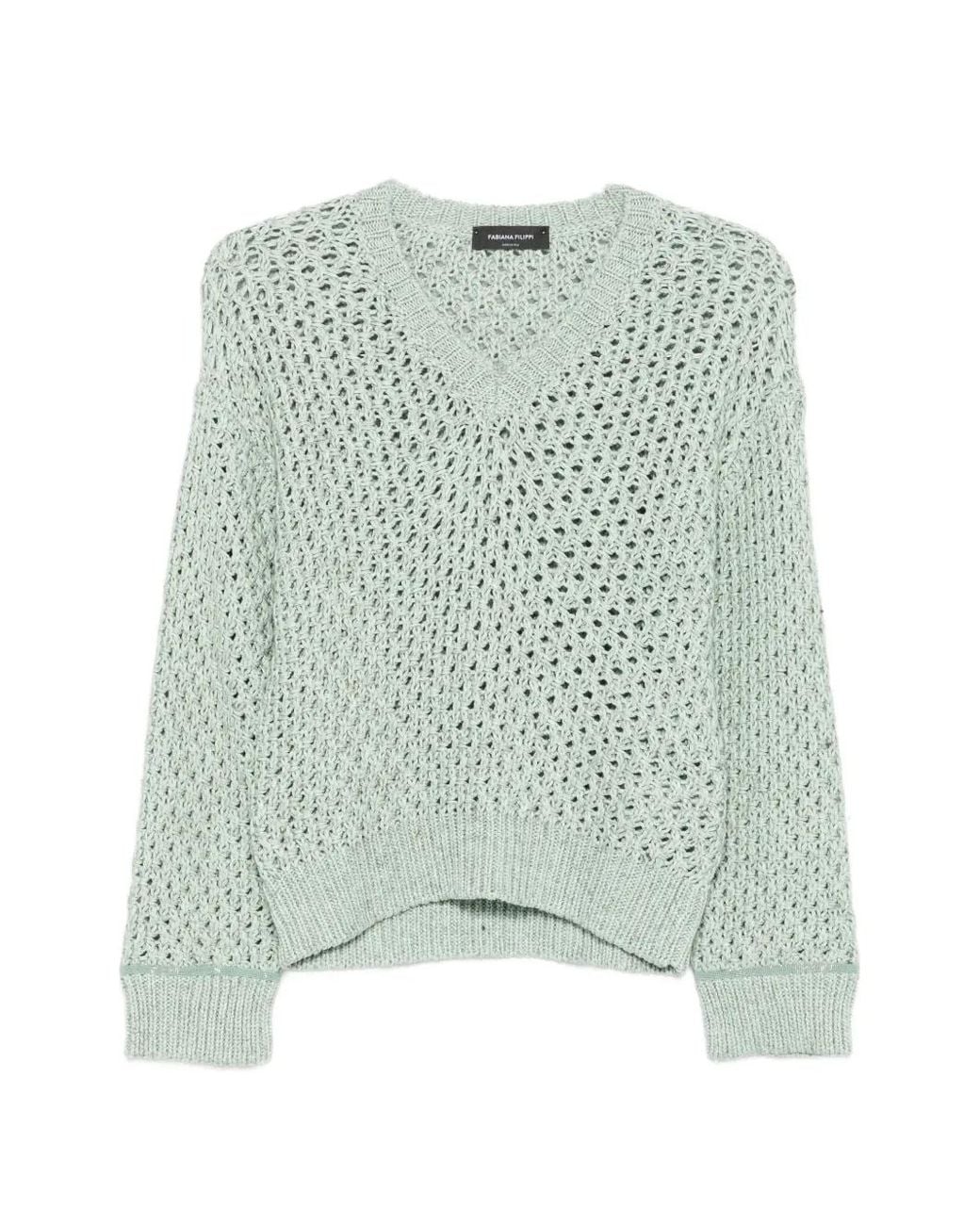 Fabiana Filippi Green Openwork V-Neck Sweater