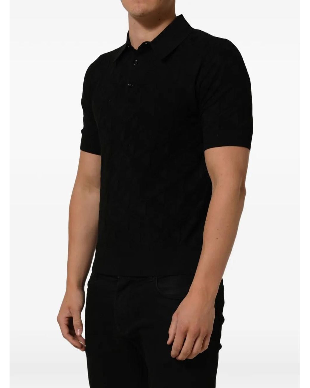 Dolce & Gabbana Black Monogram-Knit Silk Polo Shirt for men