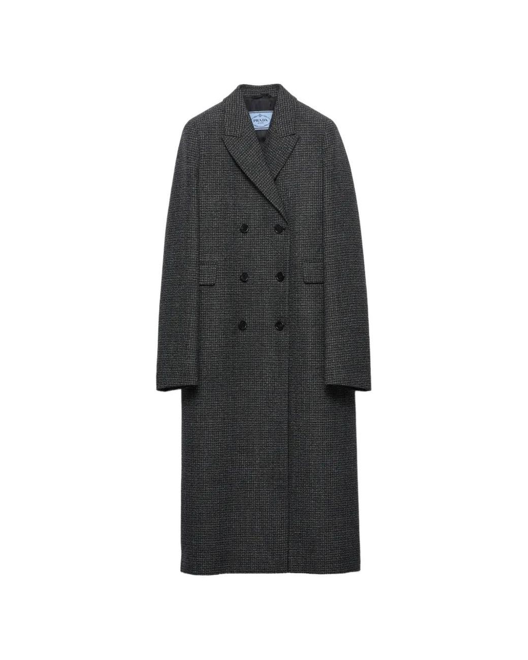 Prada Black Double-Breasted Gingham-Checked Mouliné Wool Coat
