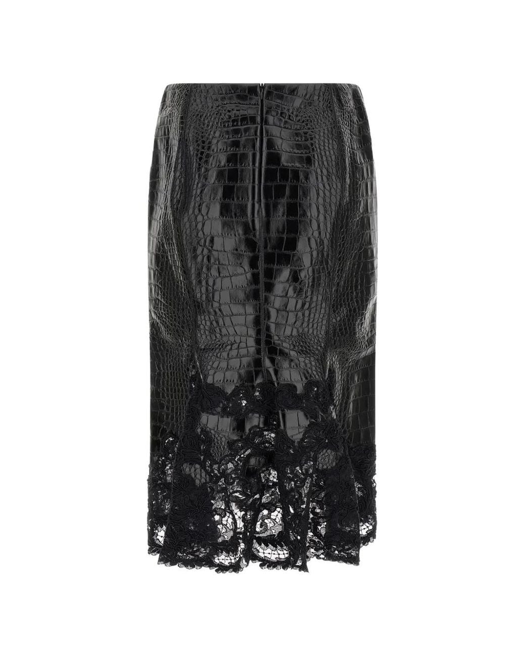 Ermanno Scervino Black Crocodile-Effect Lace-Hem Midi Skirt