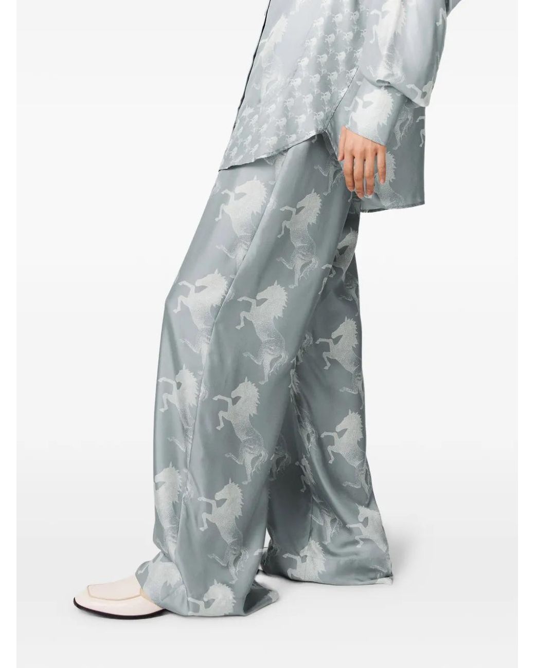 Stella McCartney Gray Horse-Print Drawstring Silk Trousers