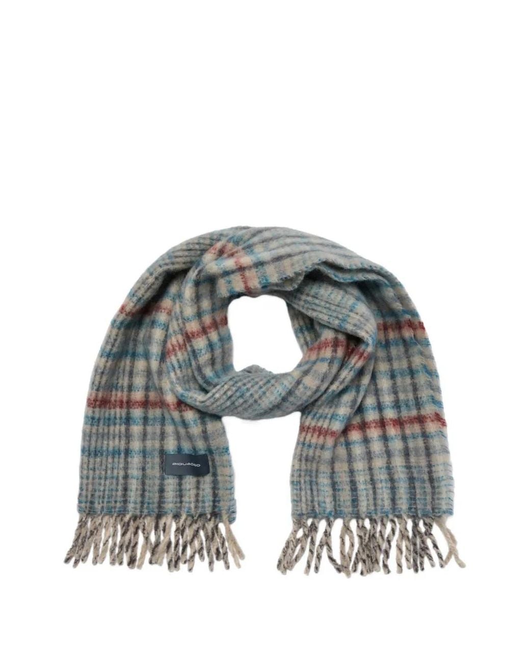 Piquadro Gray Check-Pattern Fringed Scarf