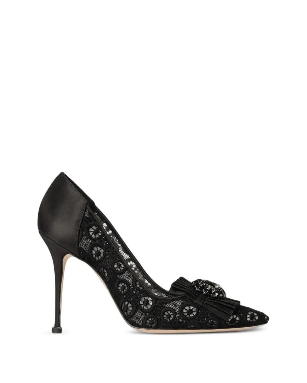 Manolo Blahnik Black Danceny Lace-Embellished Heeled Pumps