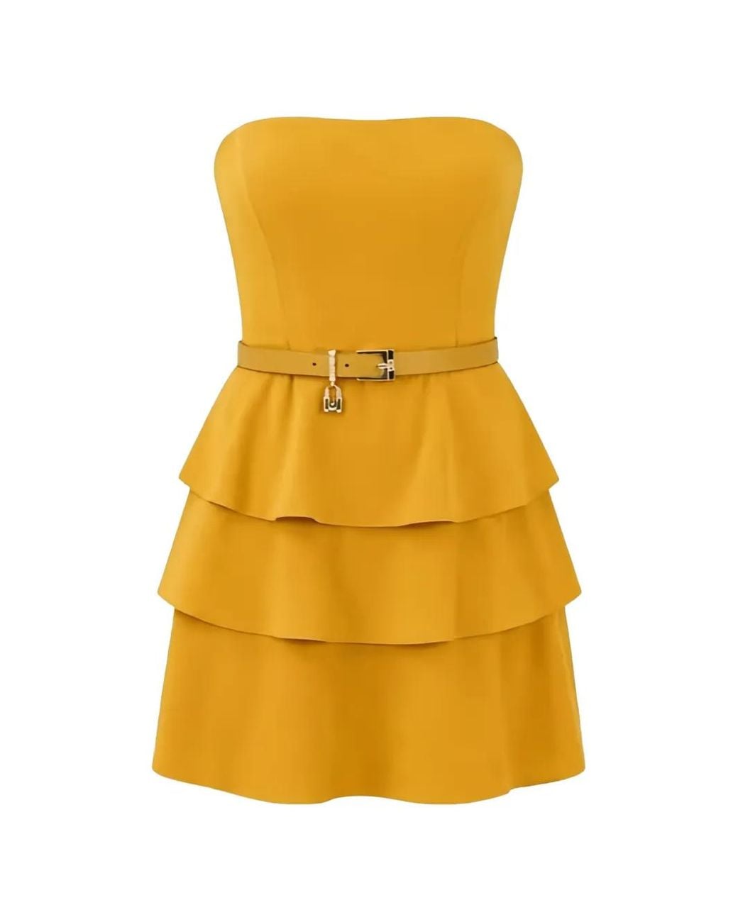 Elisabetta Franchi Yellow Belted Tiered Mini Dress