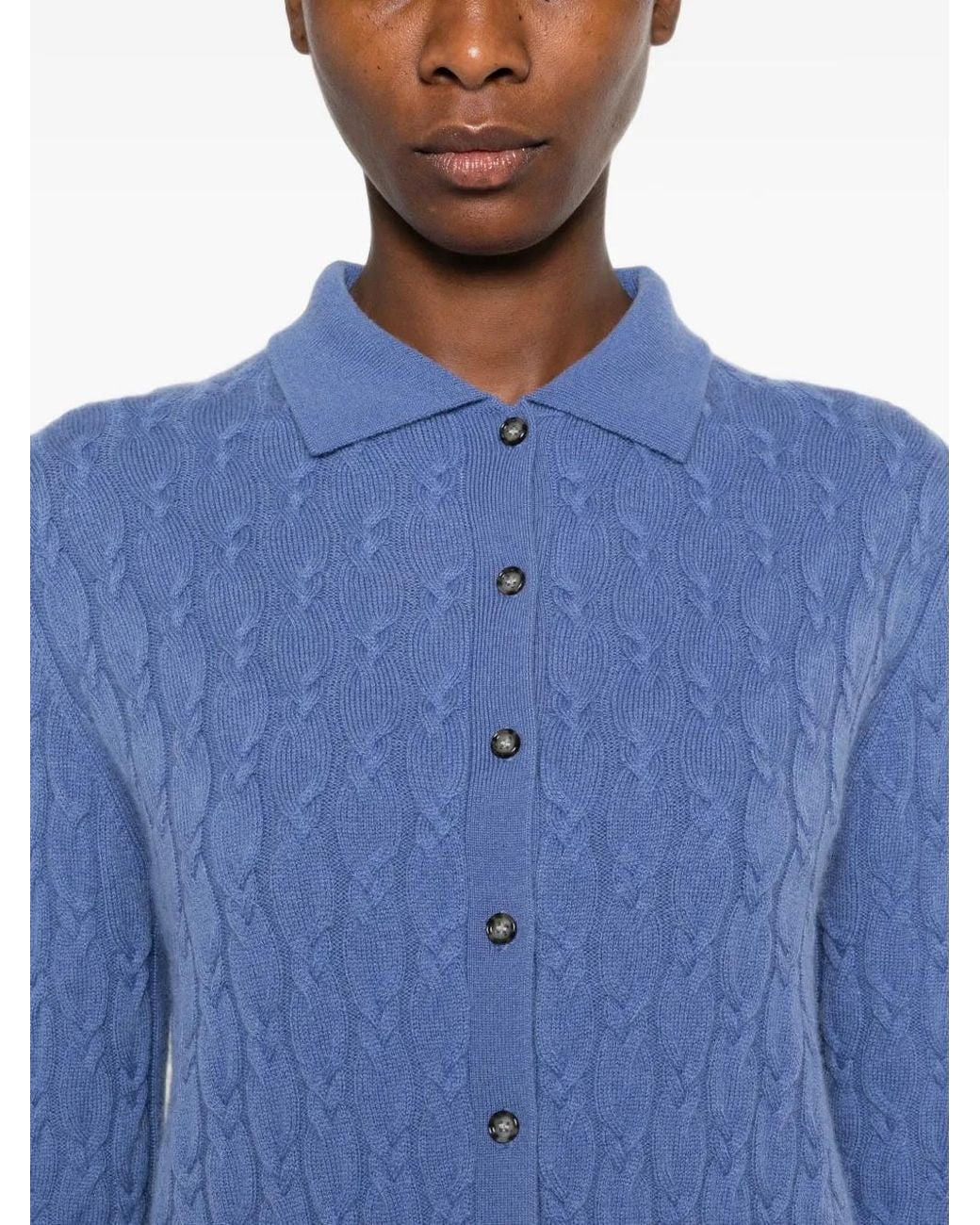 Allude Blue Cable-Knit Polo-Collar Cardigan