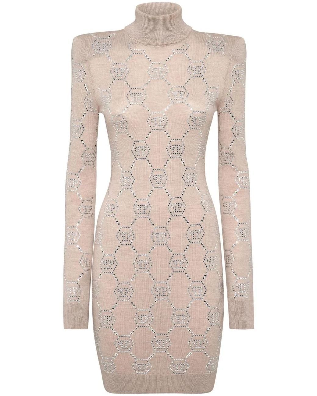 Philipp Plein Natural Crystal-Embellished Monogram Mini Dress