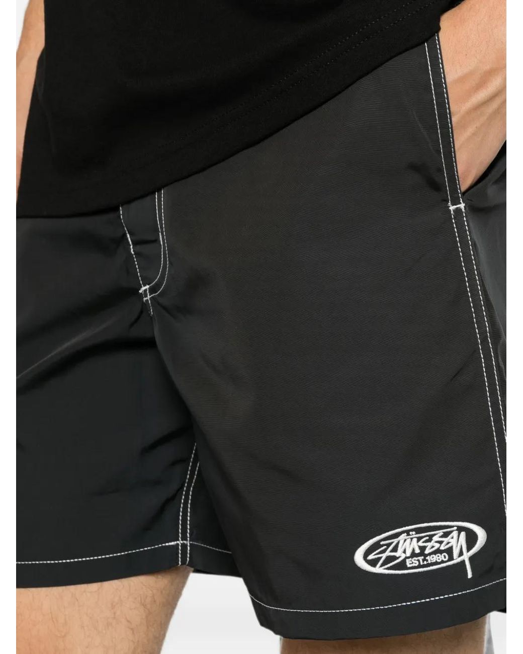 Stussy Black Contrast-Stitch Logo-Patch Shorts