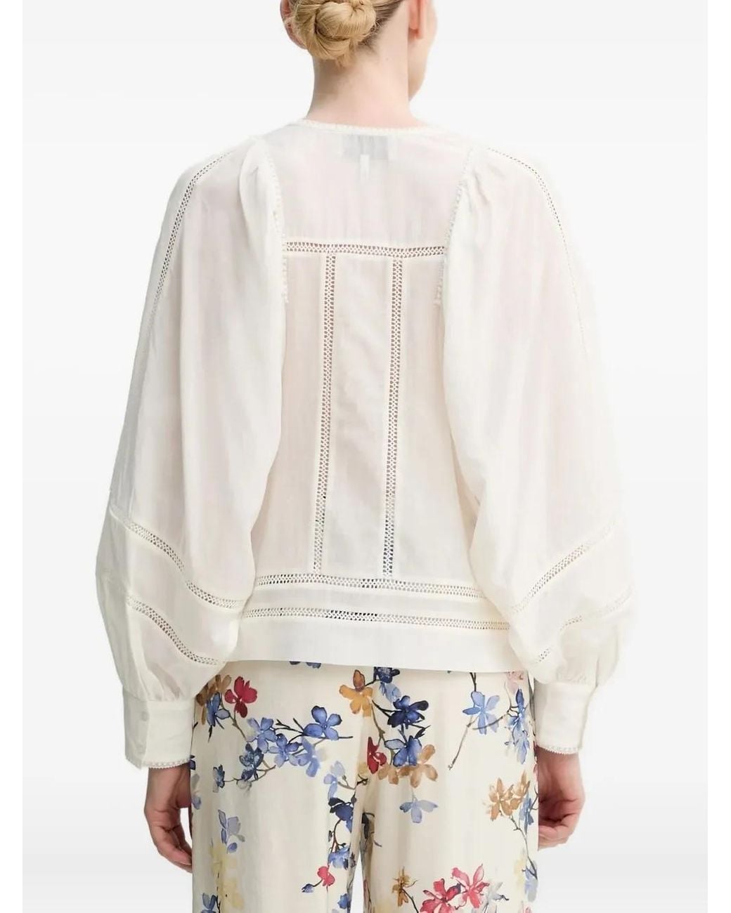 Munthe White Lace-Insert Puff-Sleeve Top