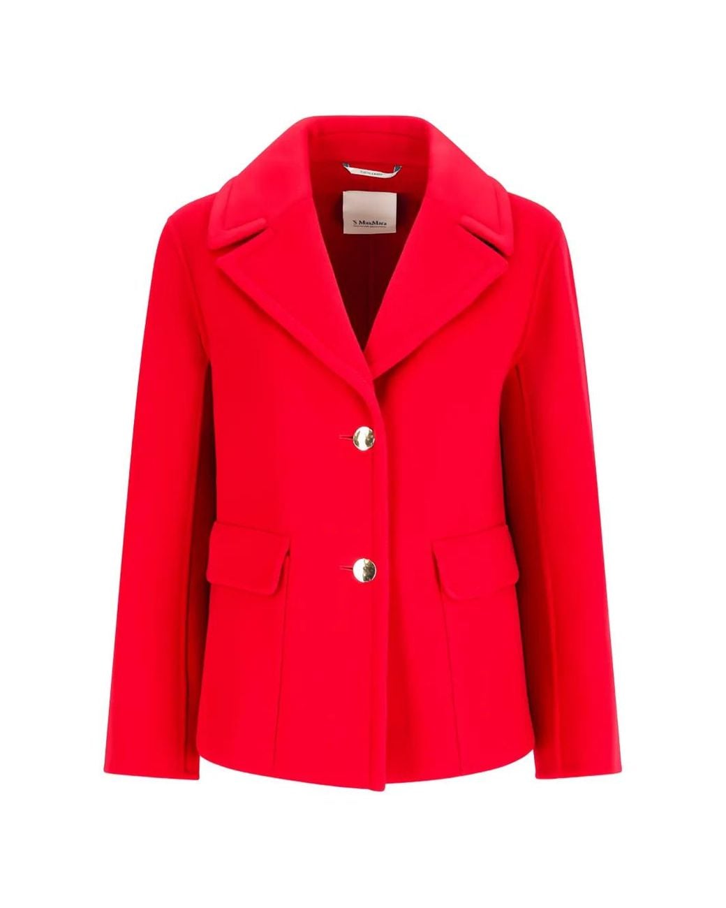 Max Mara Red Button-Up Virgin Wool Breasted Coat