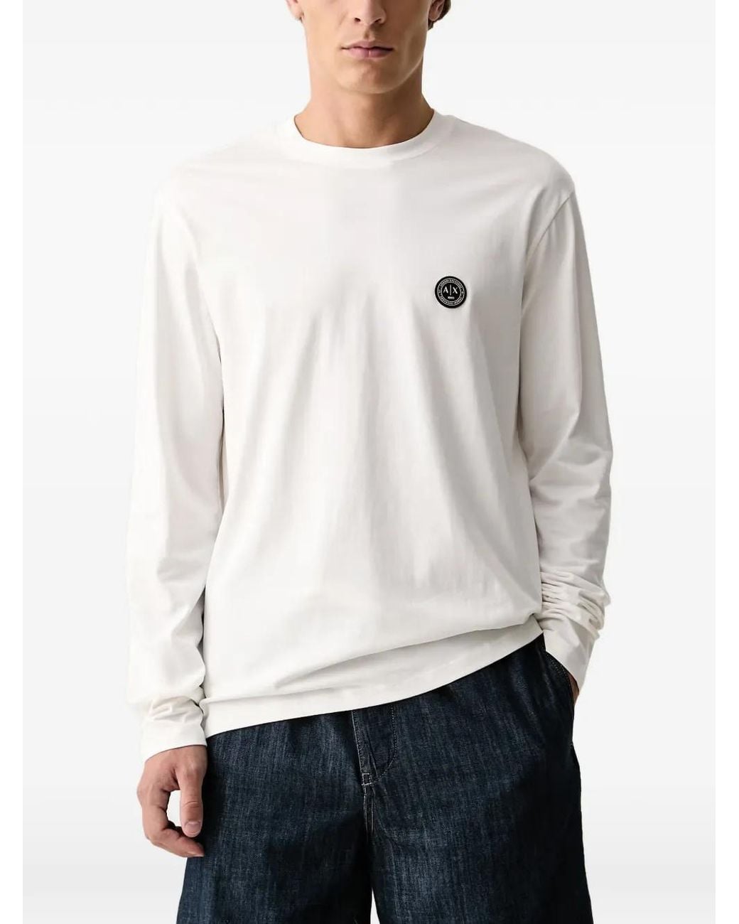 ARMANI EXCHANGE White Logo-Patch Long-Sleeve T-Shirt for men