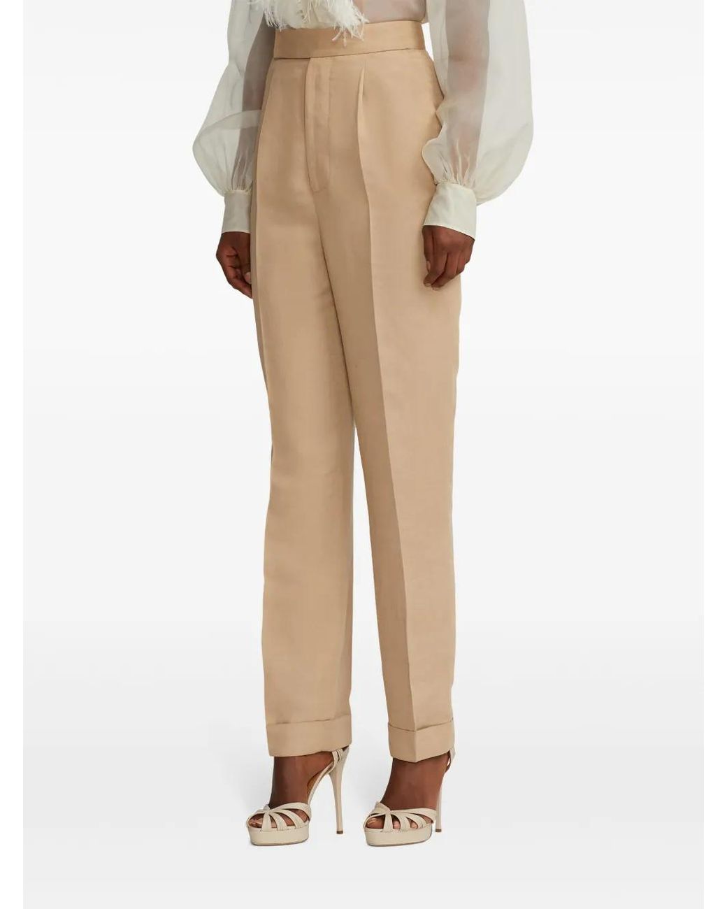 Ralph Lauren Natural Pleated Linen-Blend Straight-Leg Trousers