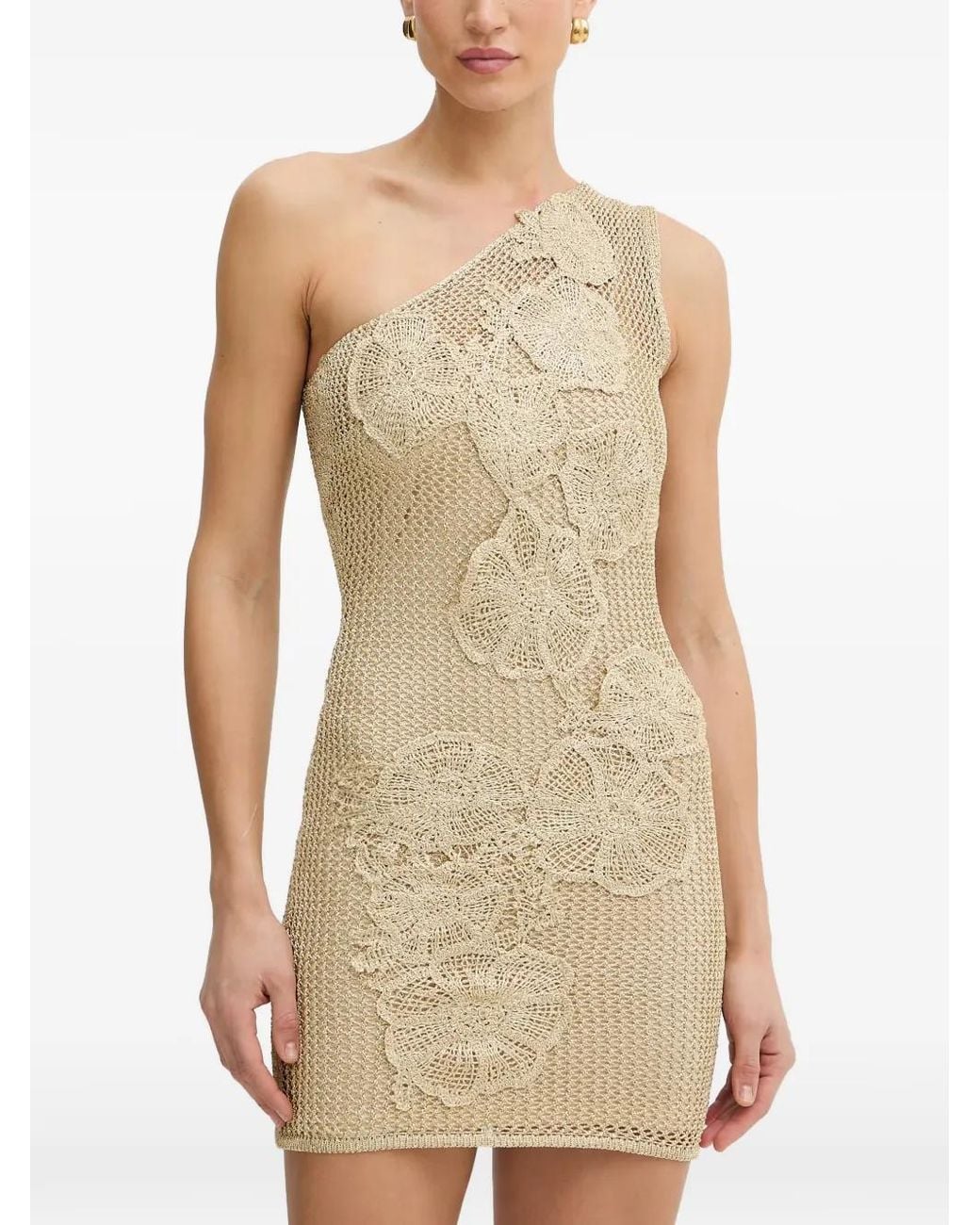 SIMONA CORSELLINI Natural Crochet-Knit Floral-Appliqué Mini Dress