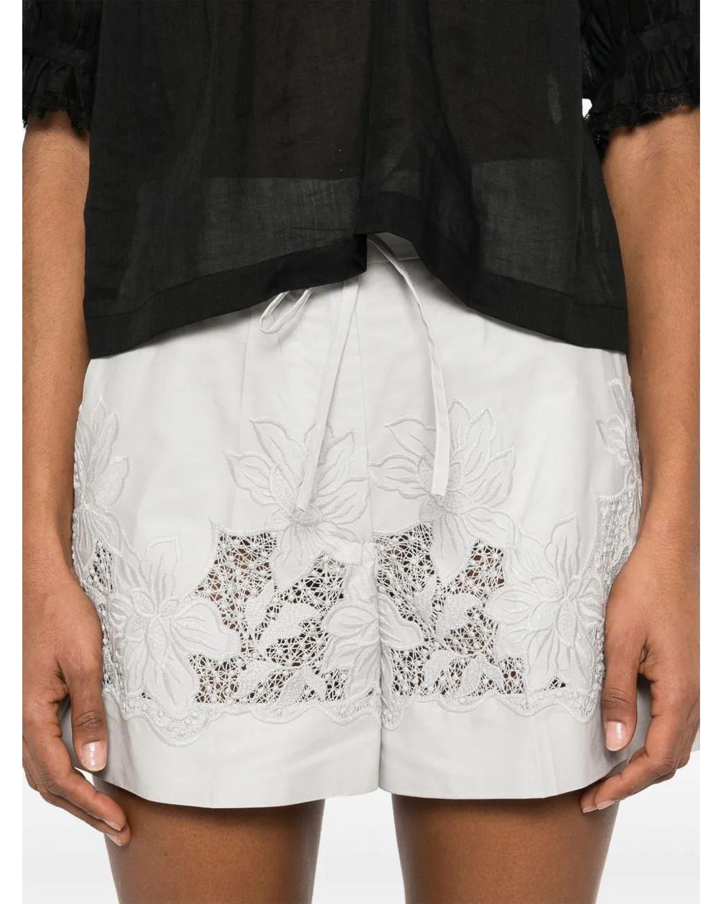 P.A.R.O.S.H. White Cotton Shorts With Floral Embroidery