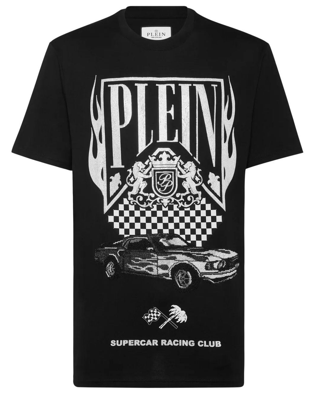 Philipp Plein Black Strass Flame Racing T-Shirt for men