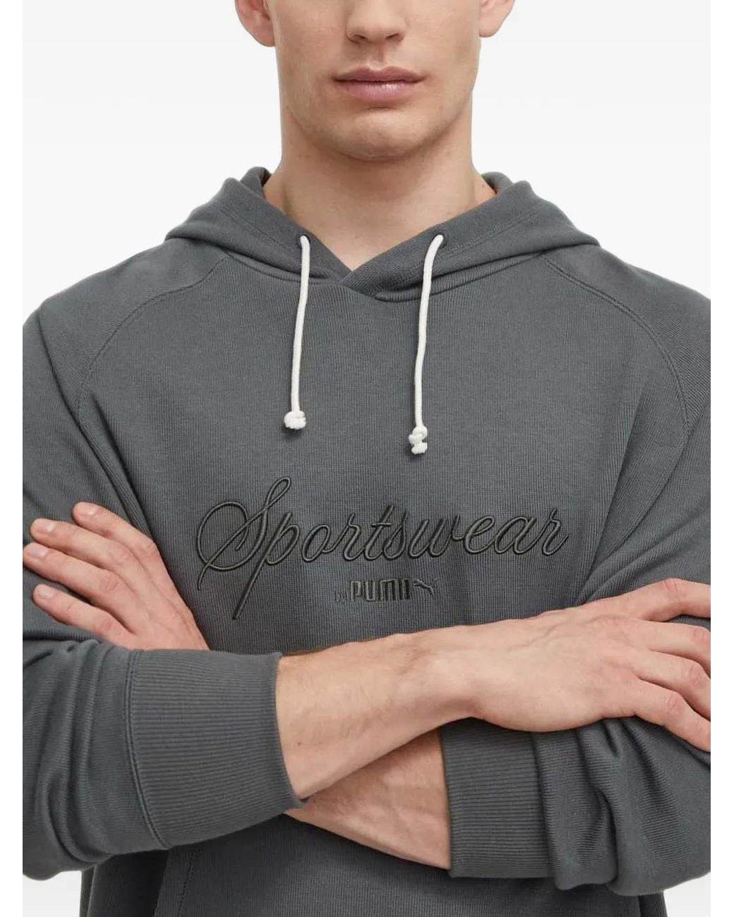 PUMA Gray Logo-Embroidered Drawstring Hoodie for men