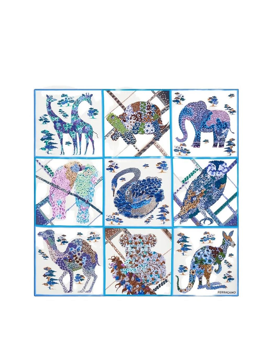 Ferragamo Blue Patchwork Printed Silk Scarf for men