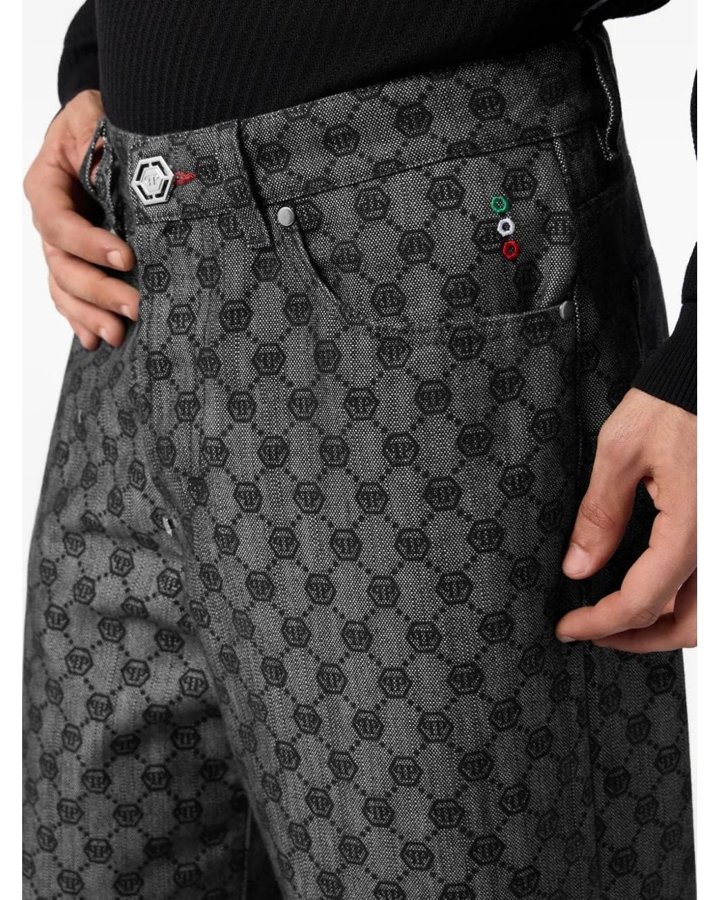 Philipp Plein Black Monogram-Print Wide-Leg Jeans for men