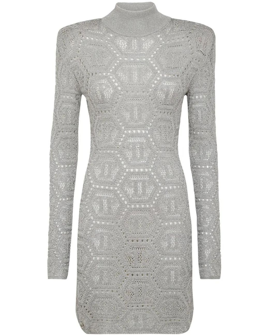 Philipp Plein Gray Monogram-Pattern Crochet-Knit Minidress